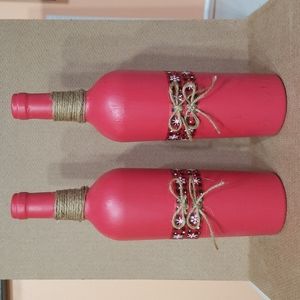 Handmade Red Holiday Hand Painted Glass Bottle Set of 2 Table Decor